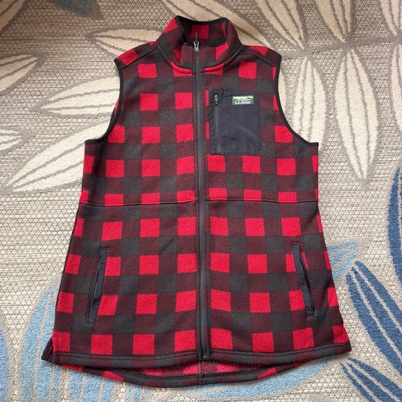 L.L.Bean Women’s Long Printed Buffalo Plaid Sweater Fleece Vest Size Large - Picture 1 of 7